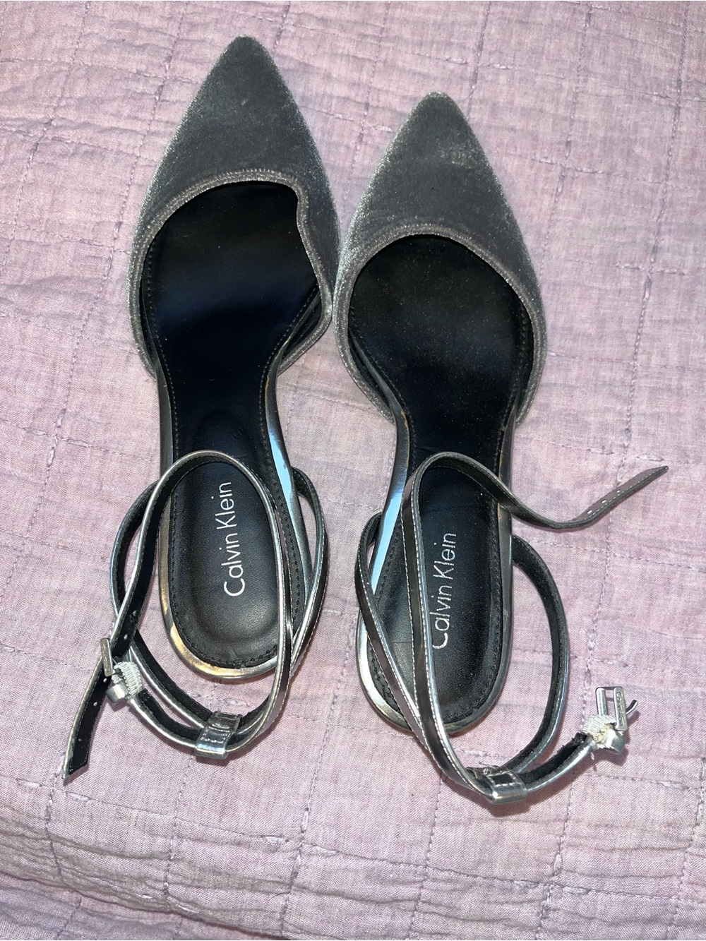 Calvin Klein Gray Velvet Pointed-Toe Ankle-Strap 8.5